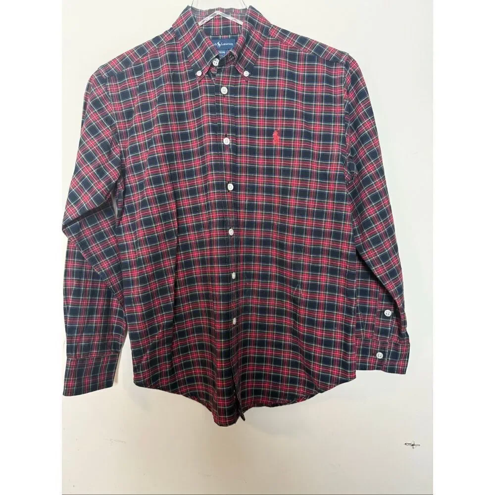 Ralph Lauren Boys Plaid Button Down Shirt M 12/14 Tartan Red Green Blue Holiday